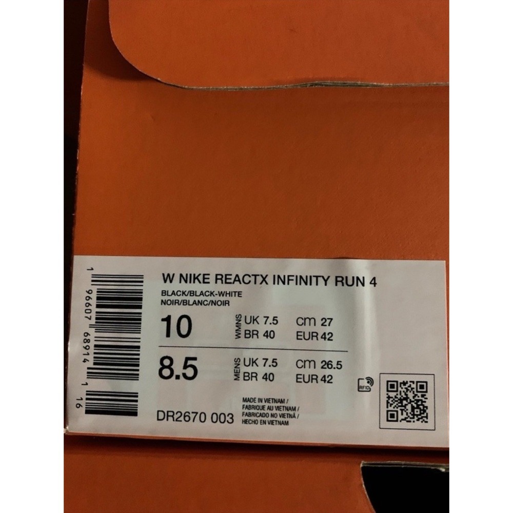Women's Size 10 Nike ReactX Infinity Run 4 Running Shoes Black White DR2670-003 - Picture 10 of 10